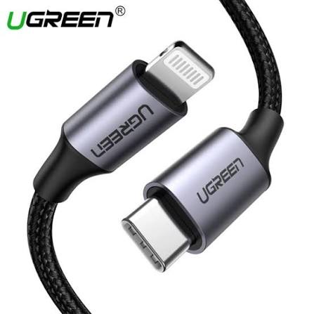 UGREEN USB-C إلى Lightning ذكر إلى ذكر كابل 20W هيكل ألومنيوم مضفر 1m (أسود)US304