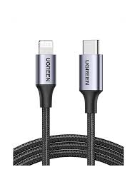 UGREEN USB-C إلى Lightning ذكر إلى ذكر كابل 20W هيكل ألومنيوم مضفر 2m (أسود)US304